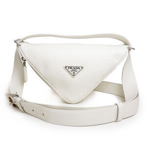 Prada Triangle Plate One Shoulder Hobo Bag Saffiano Cuir Calf Bianco White